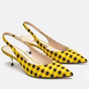 ZARA Women's Yellow/Black Gingham Slingback Pointed Toe Sandals Size 39